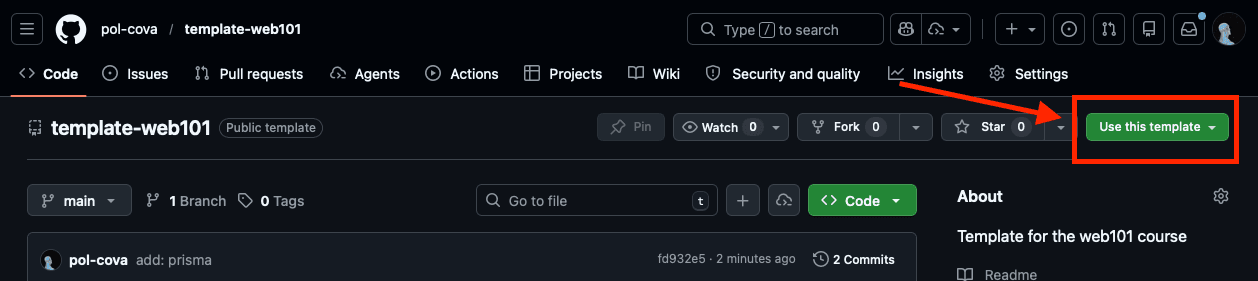 Captura del repositorio template-web101 en GitHub, mostrando el botón verde Use this template junto al nombre del repo
